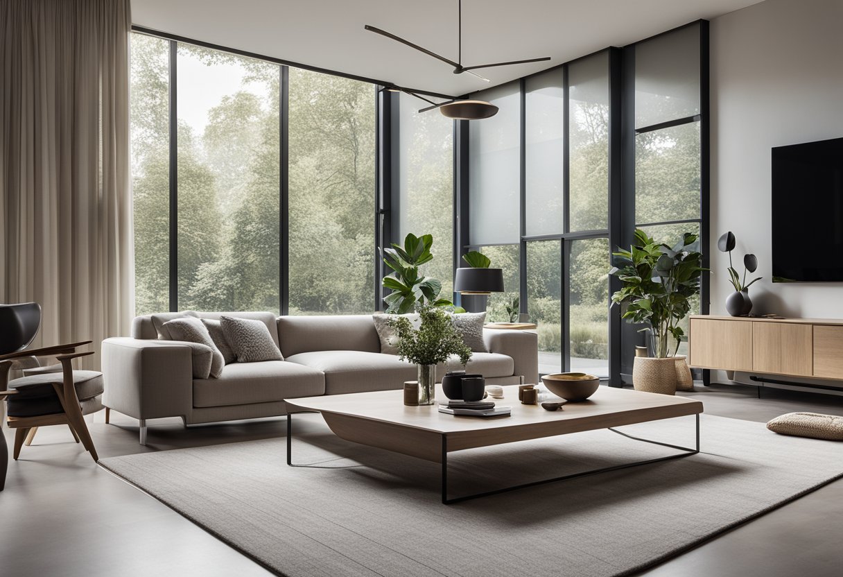 A sleek, open-plan living room with minimalist furniture, clean lines, and neutral colors. Large windows flood the space with natural light, highlighting the sleek surfaces and modern artwork