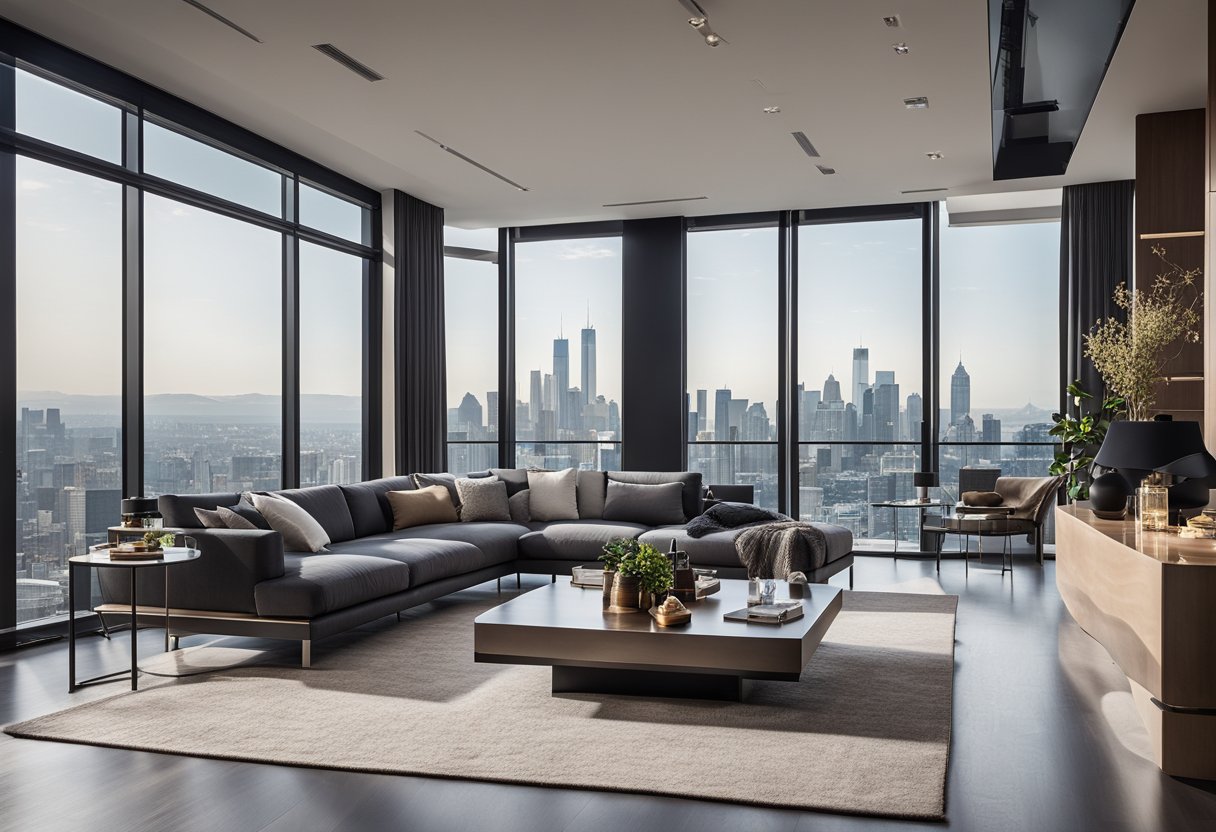 A spacious, open-concept living room with sleek, minimalist furniture, high-end finishes, and floor-to-ceiling windows overlooking a stunning city skyline