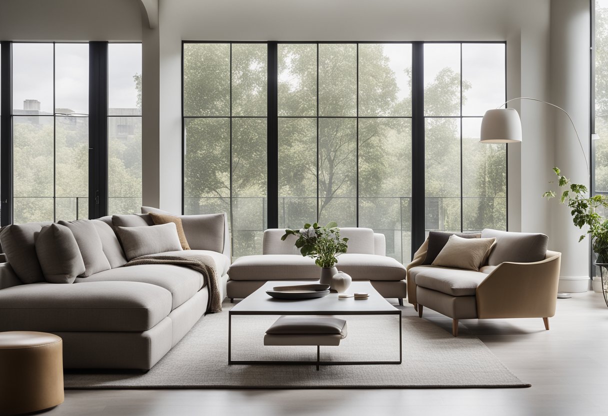 A sleek, minimalist living room with clean lines, neutral color palette, and statement furniture pieces. Large windows let in natural light, highlighting the open space and modern decor