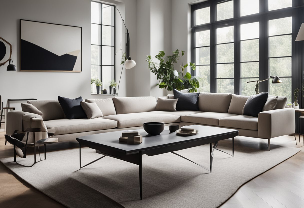 A sleek, open-plan living room with minimalist furniture, clean lines, and neutral colors. Large windows allow natural light to flood the space, highlighting the modern art and designer decor