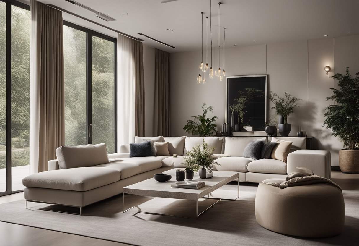A spacious living room with clean lines, neutral colors, and luxurious materials. Large windows let in natural light, highlighting the elegant furniture and minimalist decor