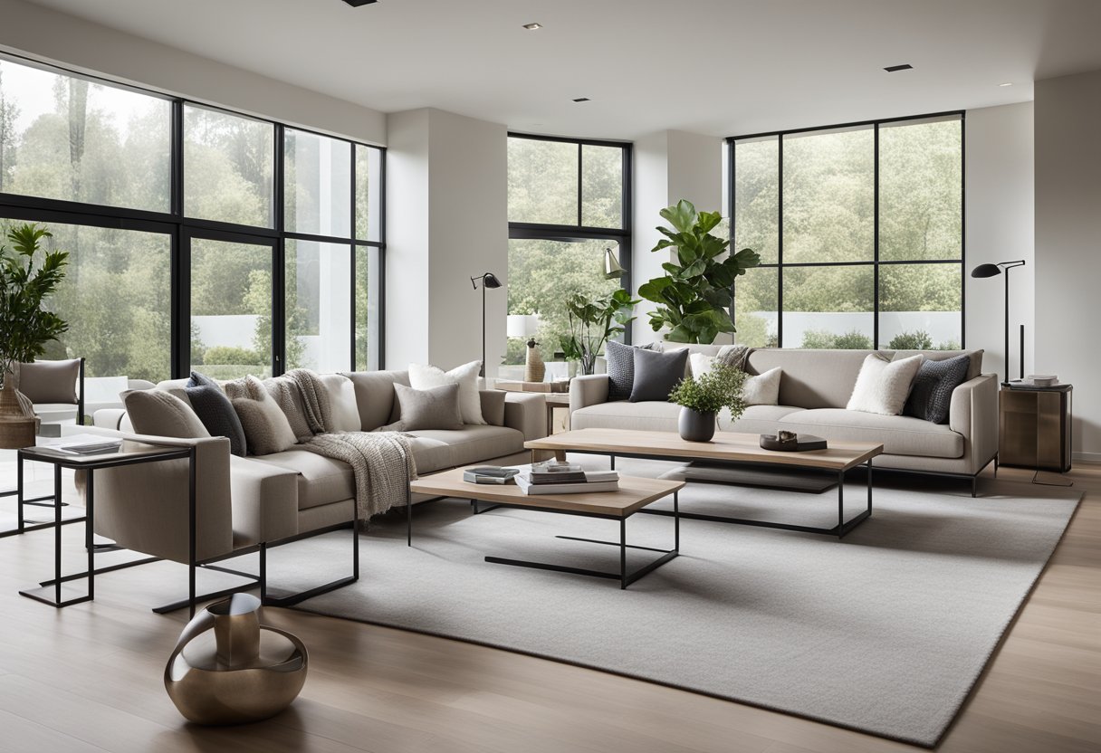 A modern living room with sleek furniture, clean lines, and minimalist decor. Large windows allow natural light to fill the space, highlighting the neutral color palette and accentuating the open floor plan