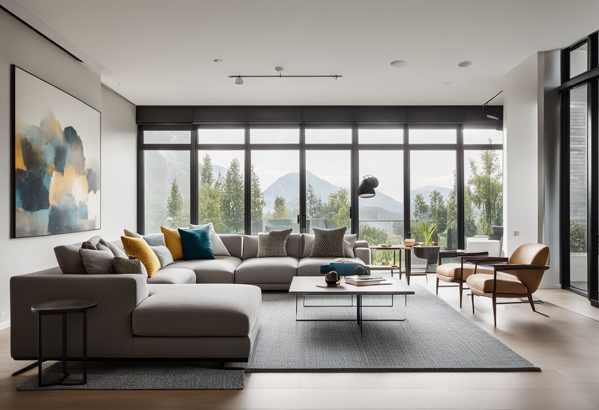A sleek, open-concept living room with clean lines, minimal furniture, and pops of color. Large windows let in natural light, showcasing the modern artwork and geometric patterns