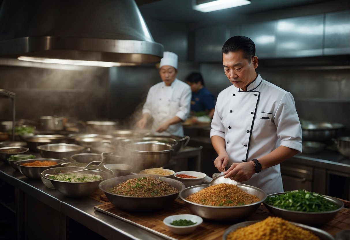 A bustling Chinese kitchen, with a chef mixing fish paste with aromatic spices and herbs, surrounded by bowls of fresh ingredients