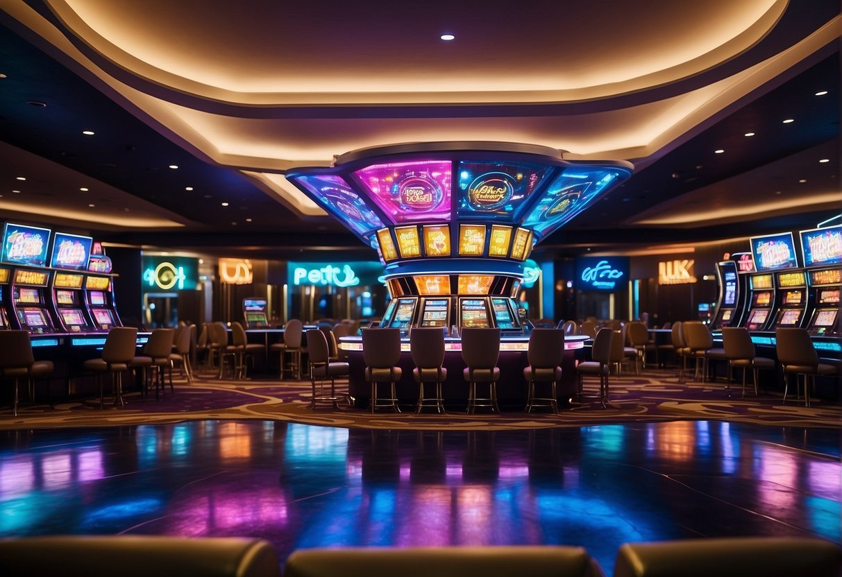 A vibrant casino floor with digital currency logos, colorful slot machines, and futuristic card tables. Neon lights and a sleek, modern design create an exciting atmosphere