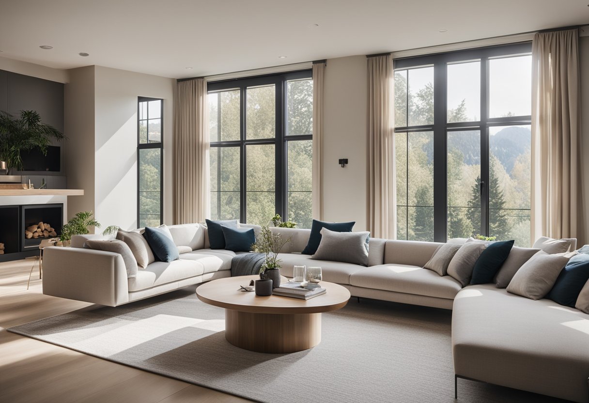 A bright, open living room with clean lines, neutral colors, and sleek furniture. Large windows flood the space with natural light, while a cozy sitting area and a minimalist fireplace create a welcoming atmosphere