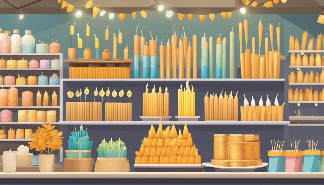 A display of ear candles in a Singaporean market, with various sizes and types neatly arranged on a shelf with price tags