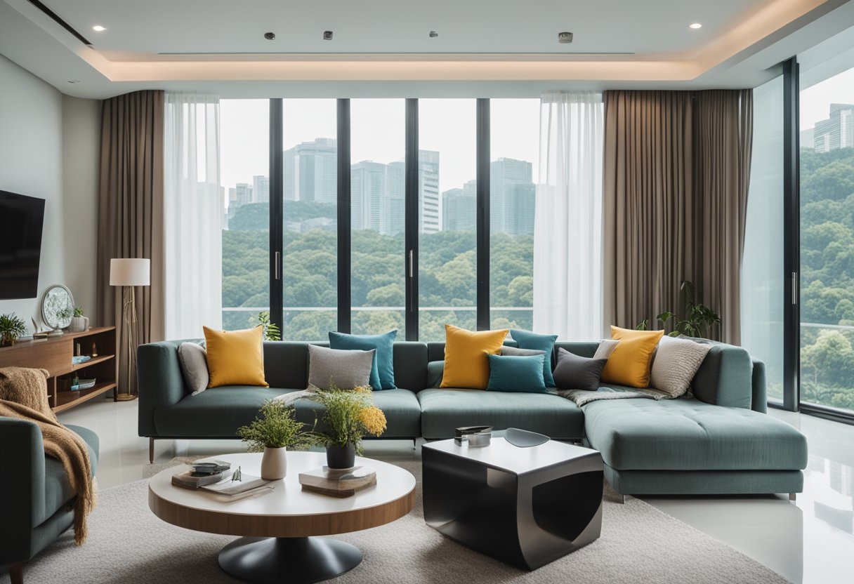 A bright, spacious living room with modern furniture and large windows, showcasing the best interior design in Singapore