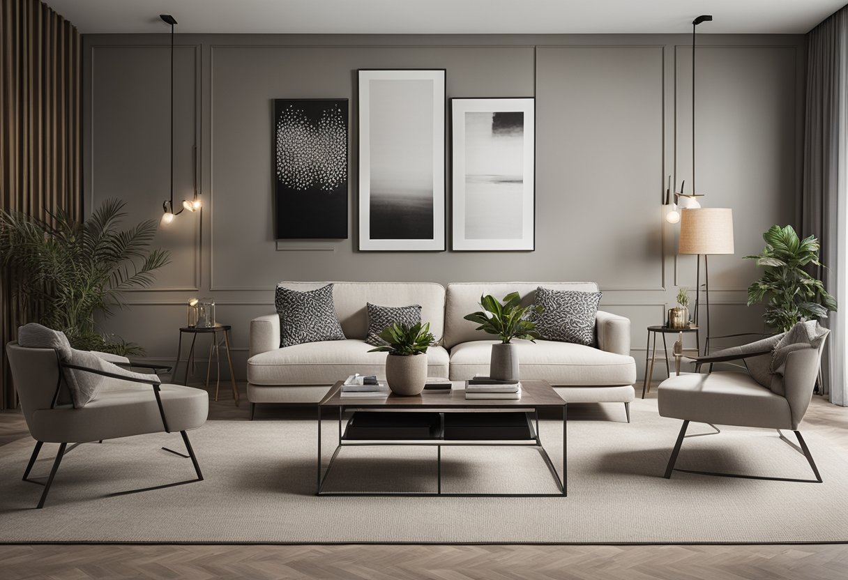 A modern living room with sleek furniture and a neutral color palette, featuring a statement wall with textured wallpaper and a gallery of framed artwork