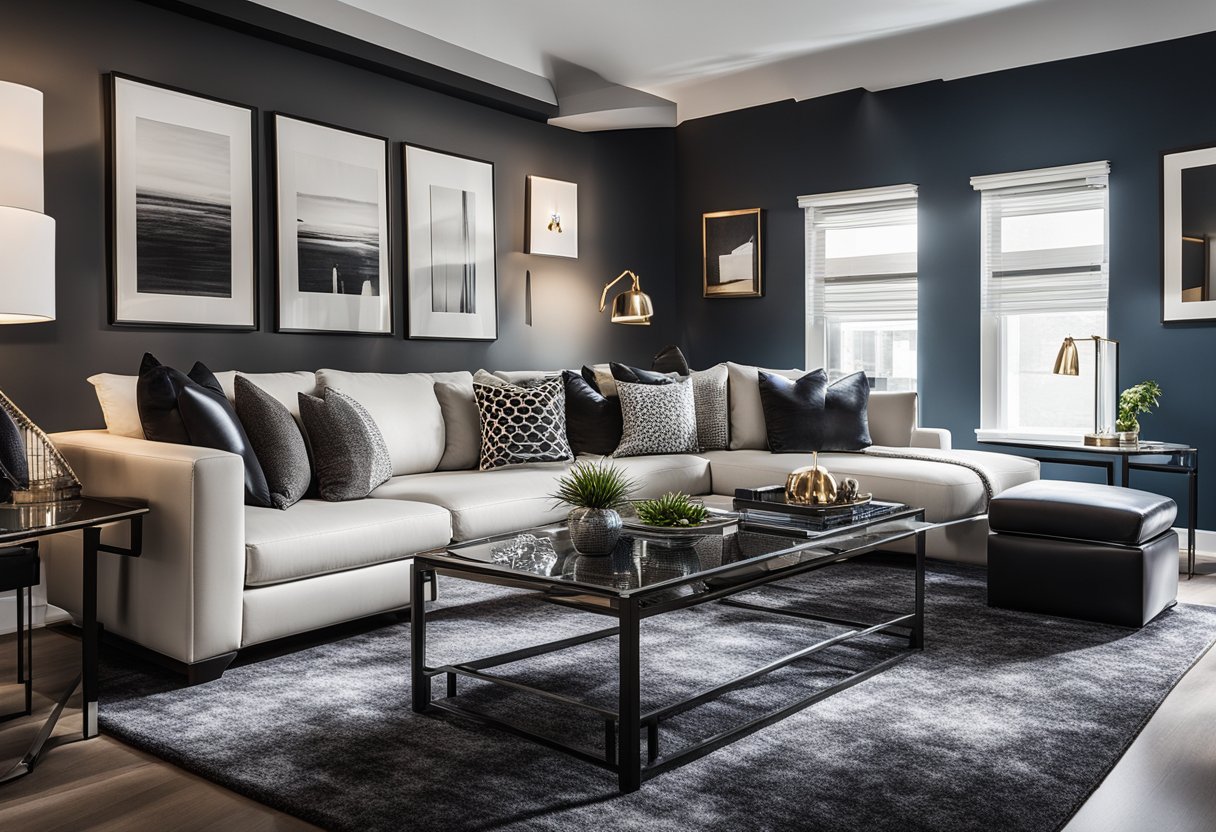 A sleek, monochromatic living room with a mix of metal, glass, and leather furniture. Bold pops of color from abstract art and accent pillows