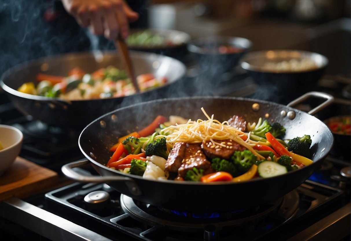 A wok sizzles as hoisin sauce is drizzled over stir-fried vegetables and meat. Steam rises, filling the air with savory aromas