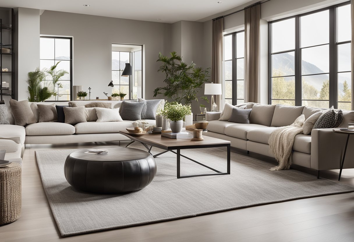 A spacious, open-concept living area with sleek furniture and clean lines. Neutral color palette with pops of bold accents. Natural light flooding the space through large windows