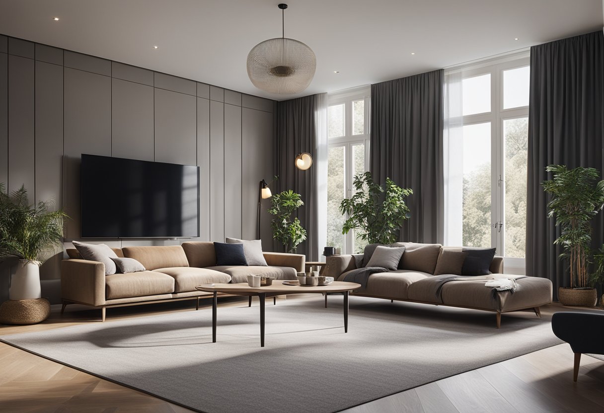 A spacious and modern living room with cozy furniture, large windows allowing natural light, and a minimalist yet elegant design