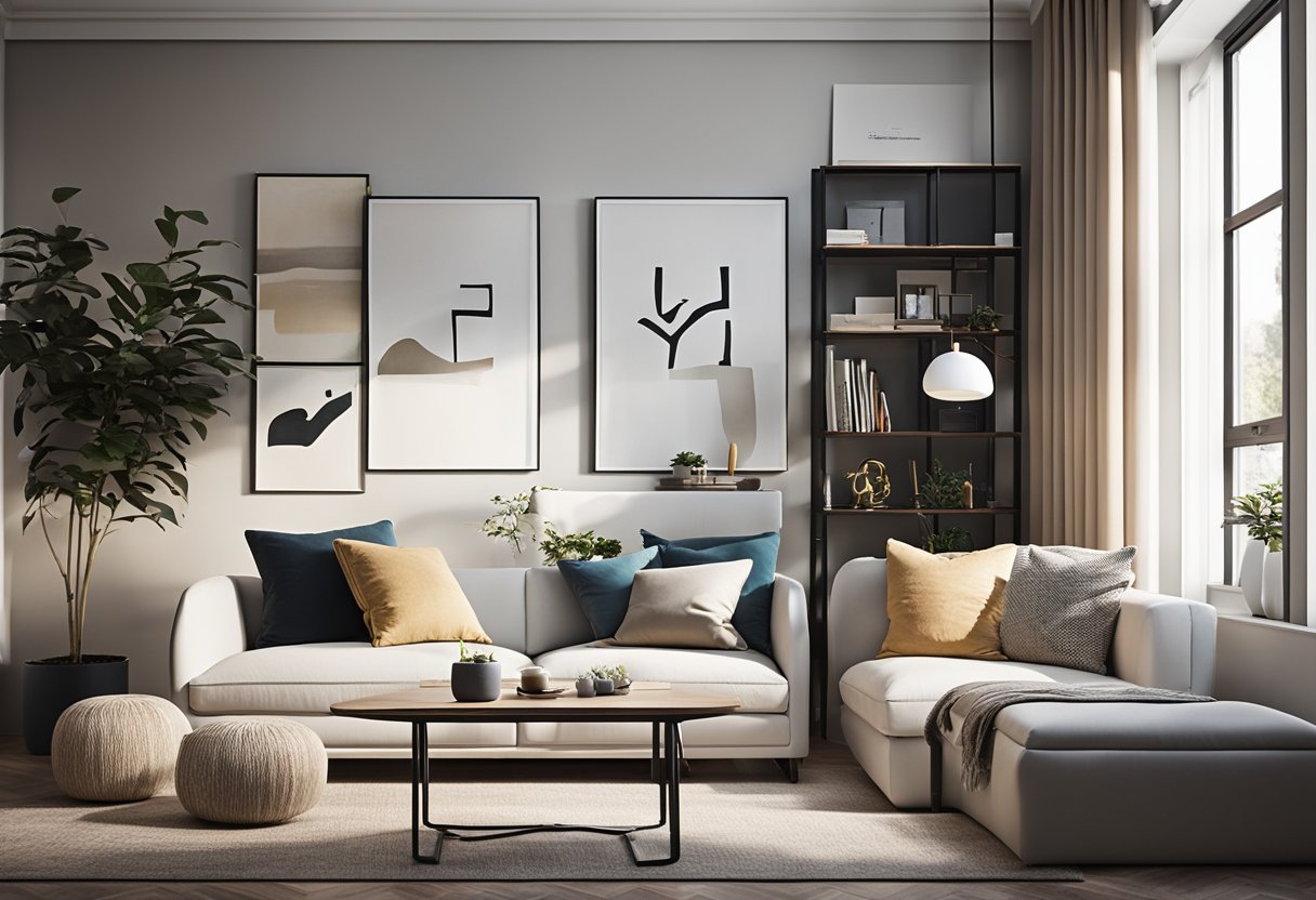 A modern, stylish living room with sleek furniture, vibrant accents, and ample natural light. A cozy reading nook and a minimalist workspace complete the inviting space