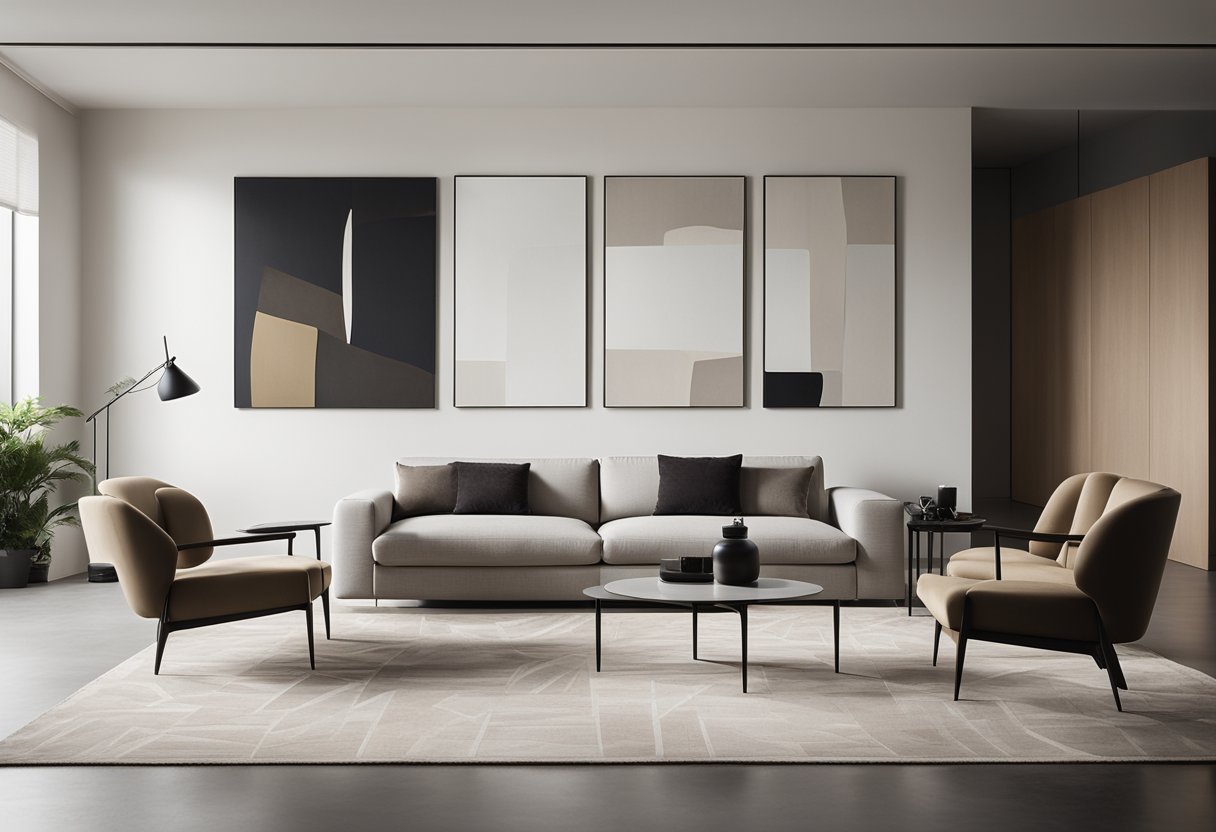 A sleek, minimalist living room with clean lines, neutral colors, and modern furniture. A large, abstract art piece hangs on the wall, and a geometric rug anchors the space