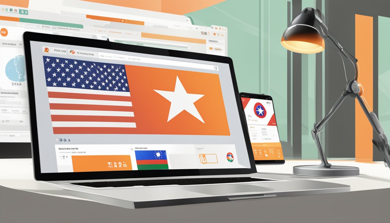 A computer screen displaying the Taobao website with a Singapore flag in the background