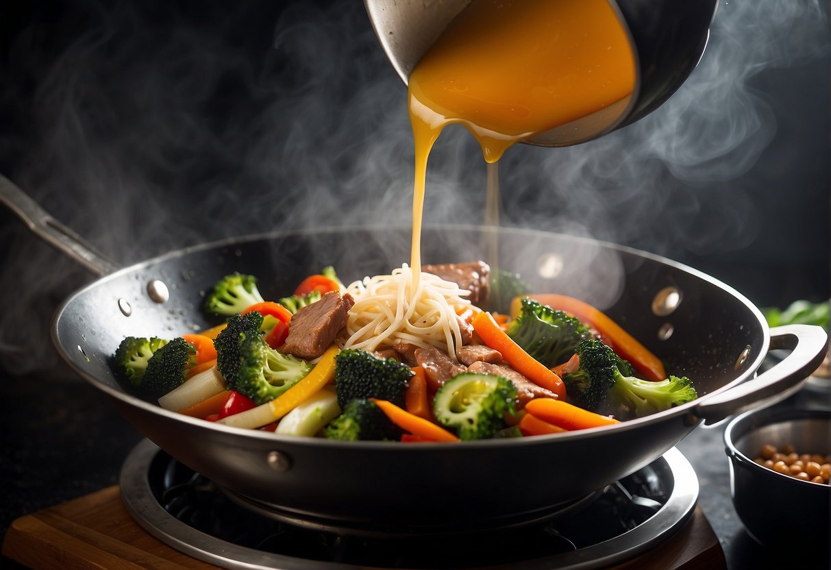 A wok sizzles as hoisin sauce is drizzled over stir-fried vegetables and meat. Steam rises, carrying the rich aroma of the sauce
