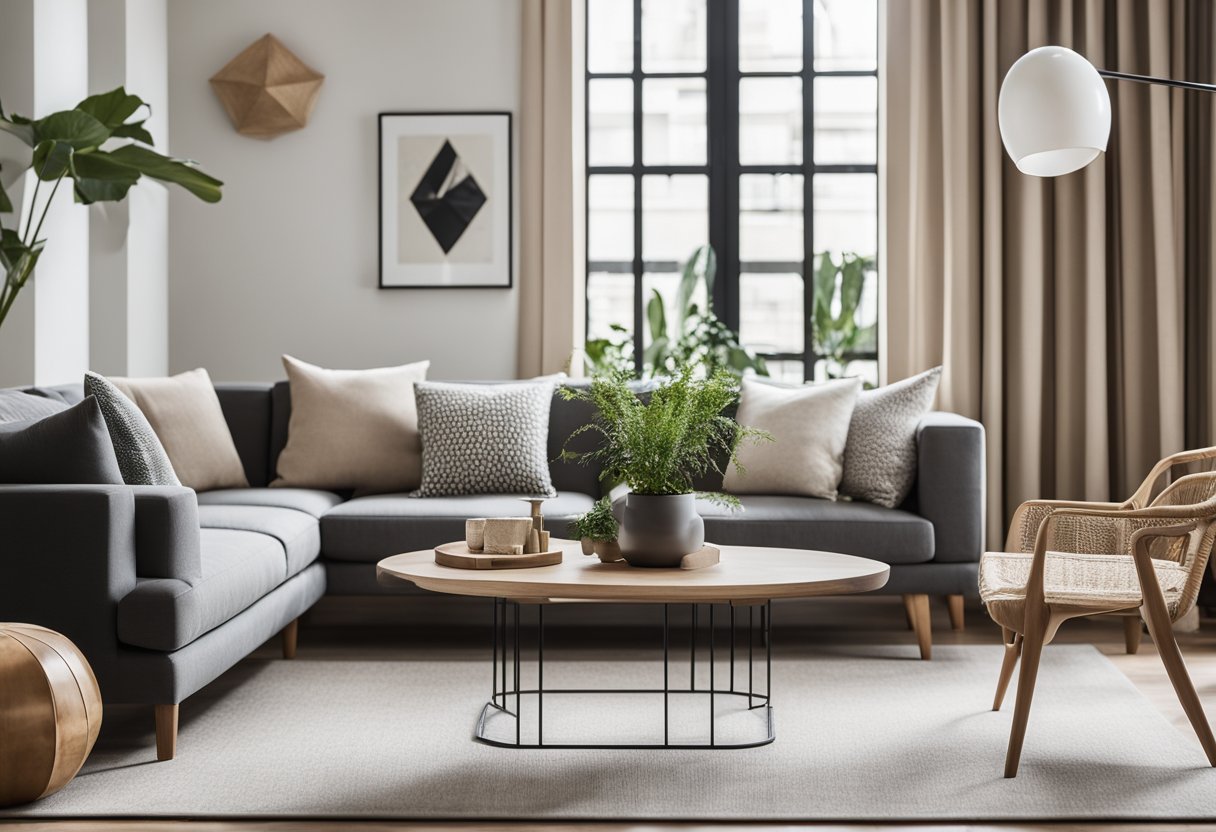 A modern living room with clean lines, minimalistic furniture, and neutral color palette. Geometric patterns and natural materials reflect regional influences