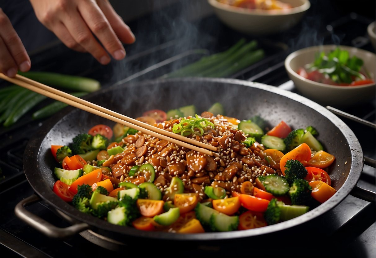 A wok sizzles as hoisin sauce is poured over stir-fried vegetables and meat. A chef sprinkles sesame seeds and green onions as the dish is plated