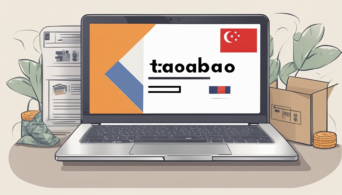 A laptop open to the Taobao website, with a Singapore flag in the background and a package labeled "Taobao" on a doorstep