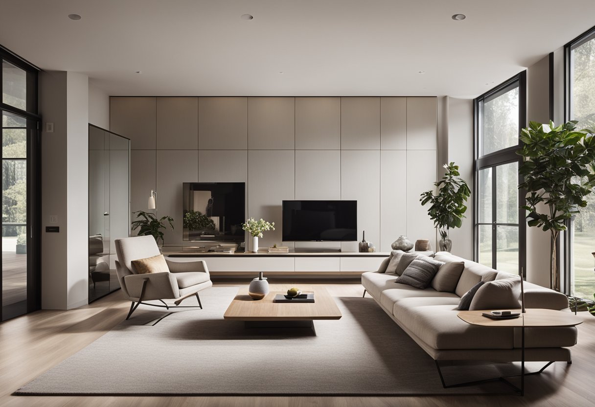 A sleek living room with clean lines, neutral colors, and minimalistic furniture. Large windows let in natural light, highlighting the sleek, sophisticated design