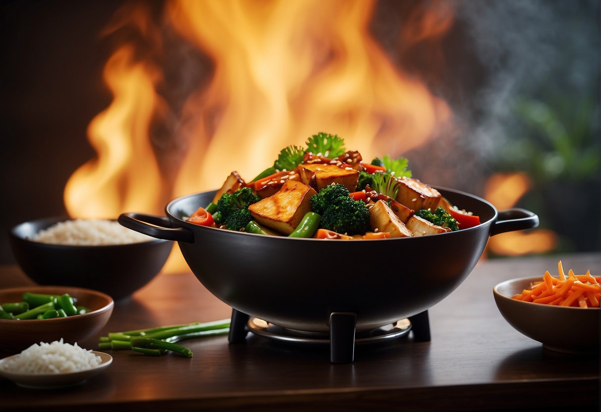 A wok sizzles with stir-fry veggies and tofu coated in rich, glossy hoisin sauce. A steaming bowl of rice sits nearby