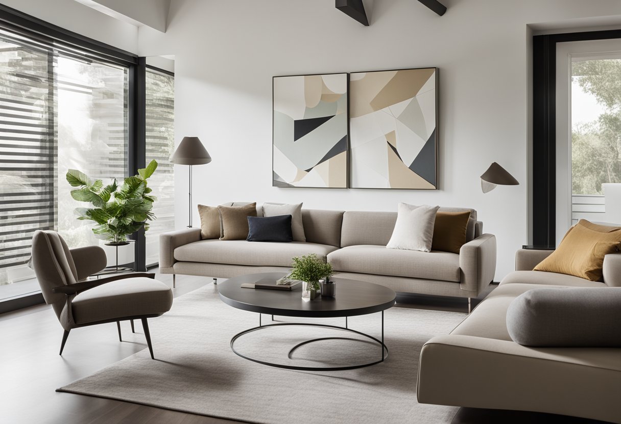 A sleek, minimalist living room with clean lines, neutral colors, and modern furniture. A large window lets in natural light, while geometric patterns and abstract art add visual interest