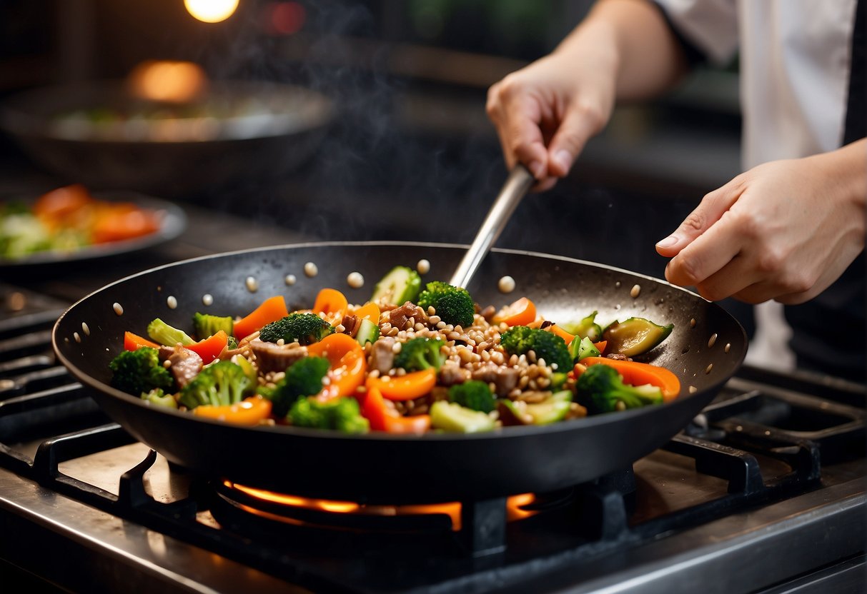 A wok sizzles with stir-fried vegetables and meat coated in rich, glossy hoisin sauce, as a chef adds a final sprinkle of sesame seeds