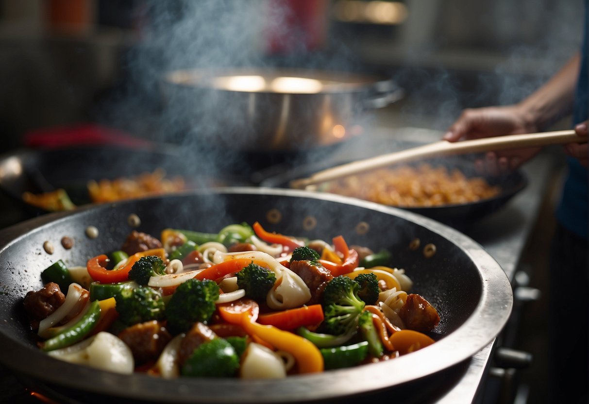 A wok sizzles as stir-fried vegetables and meat are glazed with tangy plum sauce in a bustling Chinese kitchen