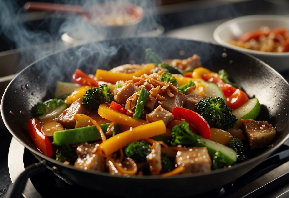 A wok sizzles as plum sauce drizzles over stir-fried vegetables and tender slices of meat. Aromatic steam rises, filling the kitchen with the savory scent of Chinese cuisine