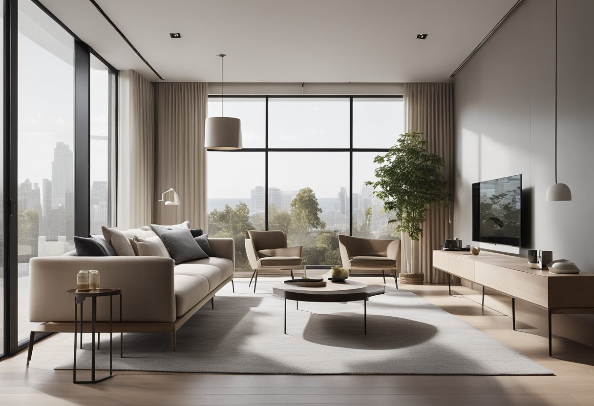 A sleek, minimalist living room with clean lines, neutral colors, and modern furniture. Large windows let in natural light, highlighting the room's sophisticated simplicity