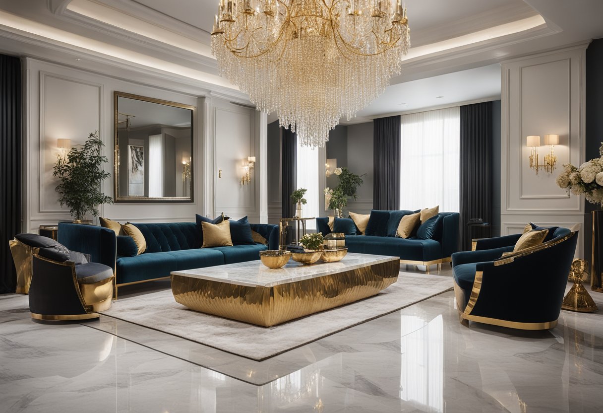 A sleek, modern living room with marble floors, a crystal chandelier, and velvet furniture. Gold accents and a large, ornate mirror add a touch of luxury