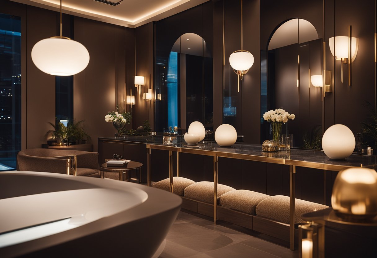 A modern luxury interior with warm, ambient lighting. Rich, deep colors and textures create a sophisticated and inviting space