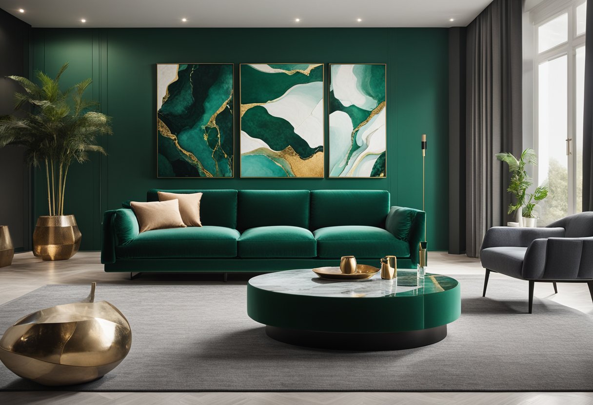 Vibrant colors and varied textures adorn a modern interior: a plush velvet sofa in deep emerald, a sleek marble coffee table, and a bold abstract painting on the wall