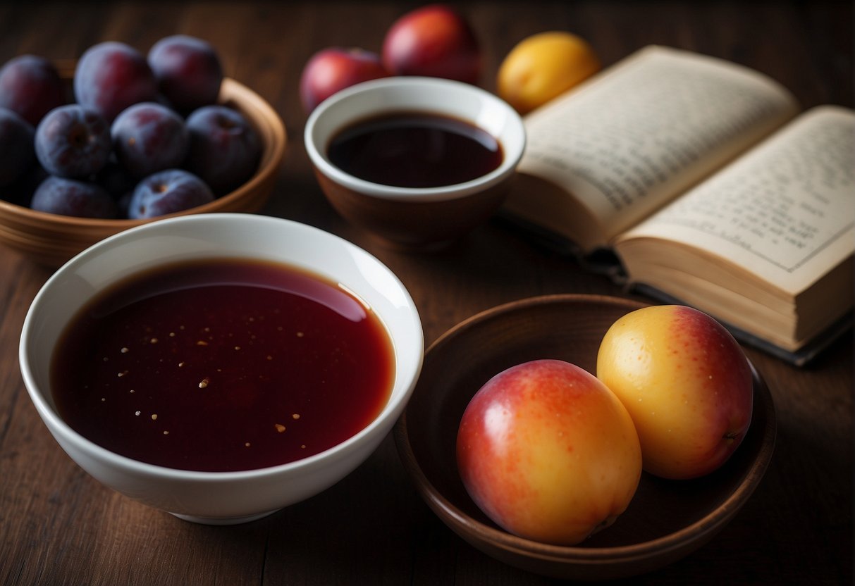 A bowl of plum sauce surrounded by fresh plums, soy sauce, garlic, and ginger, with a recipe book open to a page on Chinese plum sauce