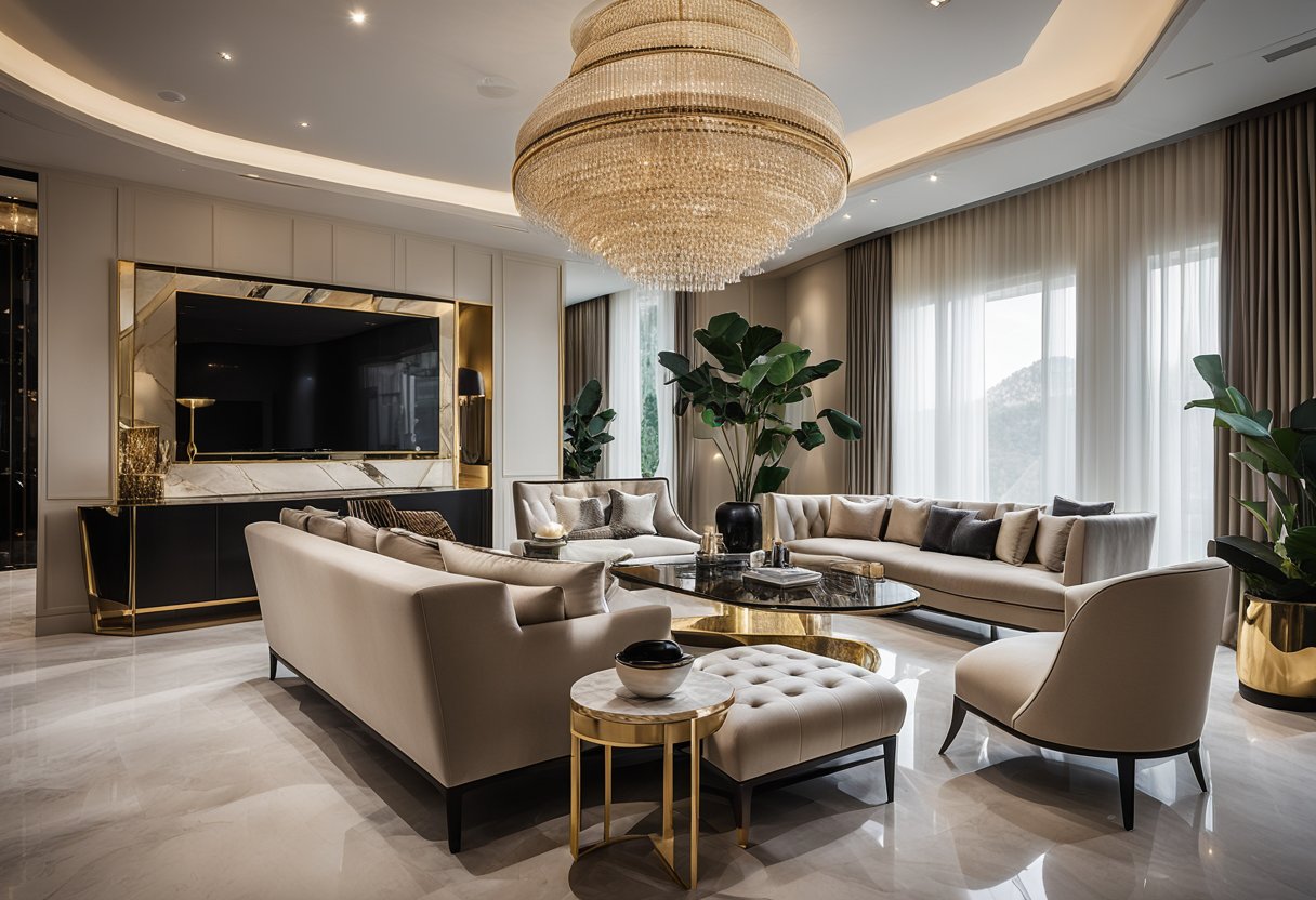 The room is adorned with sleek, high-end furniture in neutral tones. Luxurious materials like marble, velvet, and brass accents add a sense of opulence. Contemporary art and statement decor pieces complete the modern luxury aesthetic