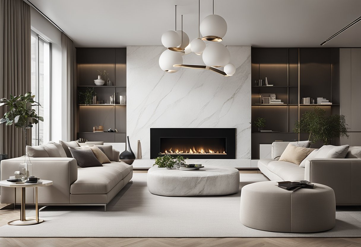 A sleek, open-concept living room with minimalist furniture, clean lines, and neutral color palette. A marble fireplace and floor-to-ceiling windows add a touch of luxury