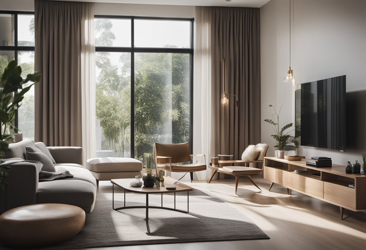 The room is bathed in natural light, casting soft shadows on the sleek, modern furniture. The ambient lighting adds warmth to the minimalist interior design