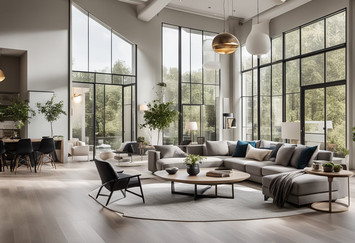 A spacious, open-concept living room with high ceilings, large windows, and sleek, minimalist furniture. The color scheme is neutral with pops of bold, vibrant accents