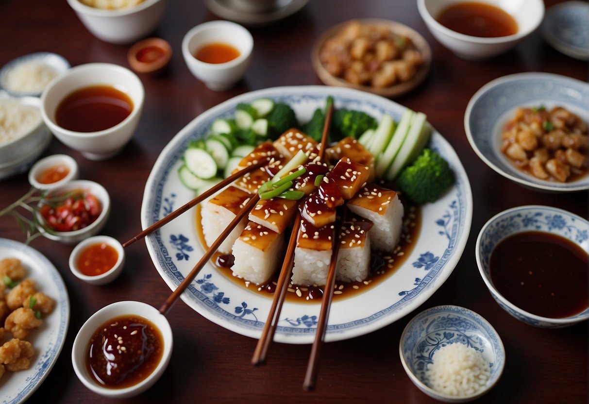 A table filled with various Chinese dishes drizzled with sweet and tangy plum sauce, surrounded by chopsticks and traditional Chinese dinnerware