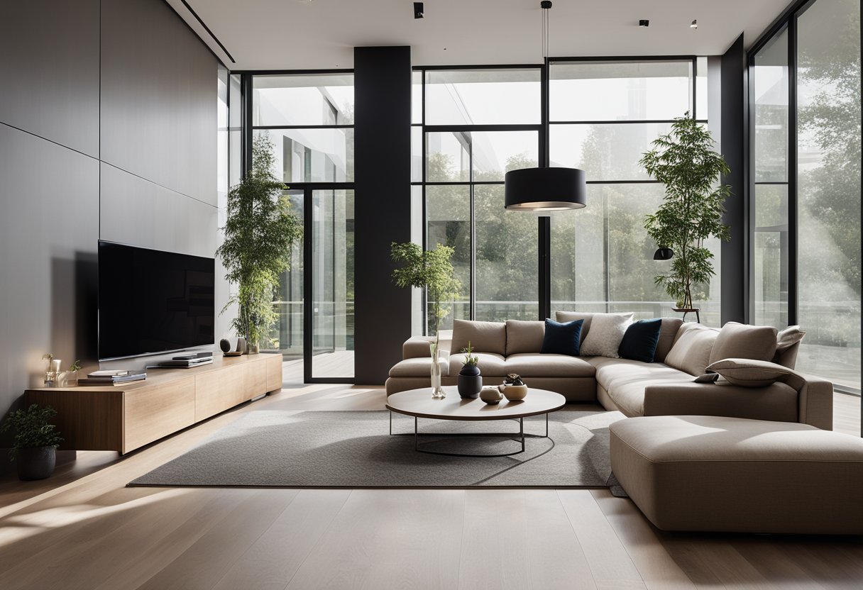 A sleek, open-concept living space with floor-to-ceiling windows, clean lines, and minimalist furniture. A mix of natural materials and modern finishes creates a harmonious, contemporary atmosphere