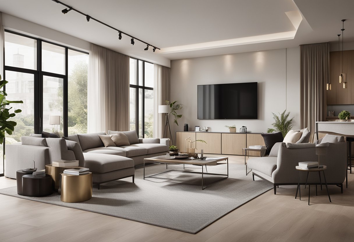 A spacious, open-concept living area with sleek, minimalist furniture and high-end finishes. Large windows let in natural light, and a neutral color palette creates a sense of calm and sophistication