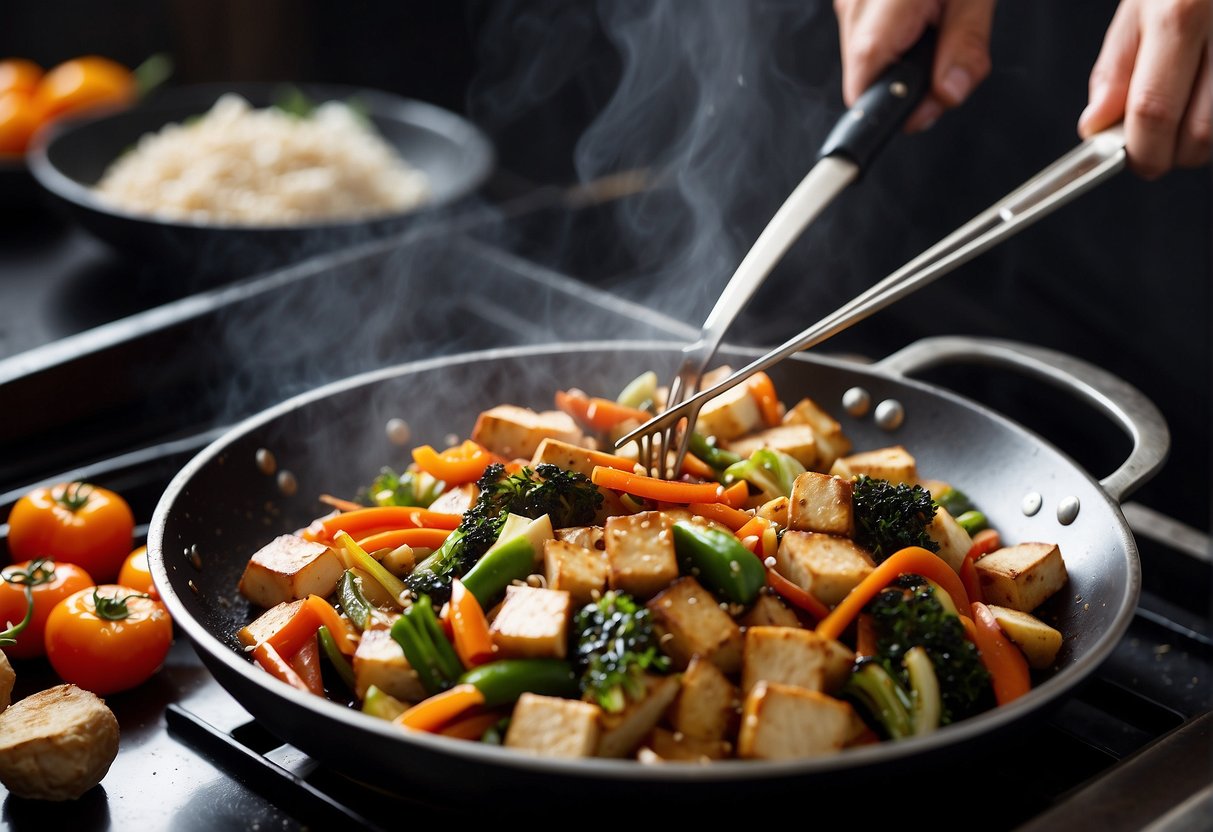 A wok sizzles as plum sauce is drizzled over stir-fried vegetables and tofu. A chef's knife chops fresh ginger and garlic