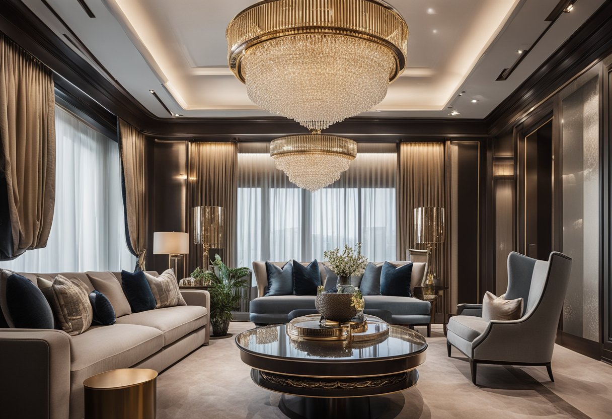 A modern luxury interior design with personalization and intricate detailing, featuring custom furniture, unique artwork, and ornate lighting fixtures