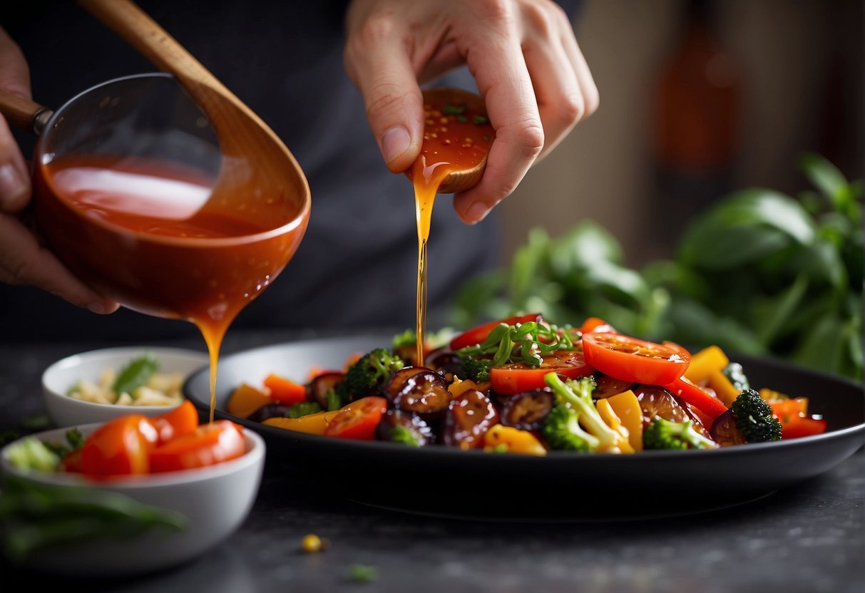 A chef drizzles plum sauce over a sizzling stir-fry, adding a sweet and tangy flavor to the dish. The vibrant red sauce contrasts beautifully with the colorful array of vegetables and meats in the pan