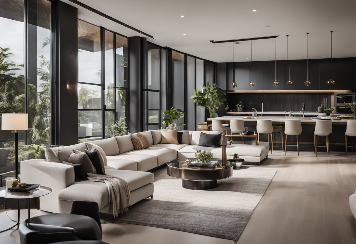 A sleek, open-concept living space with high-end finishes and modern furnishings. Clean lines, neutral colors, and natural light create an atmosphere of luxury and sophistication