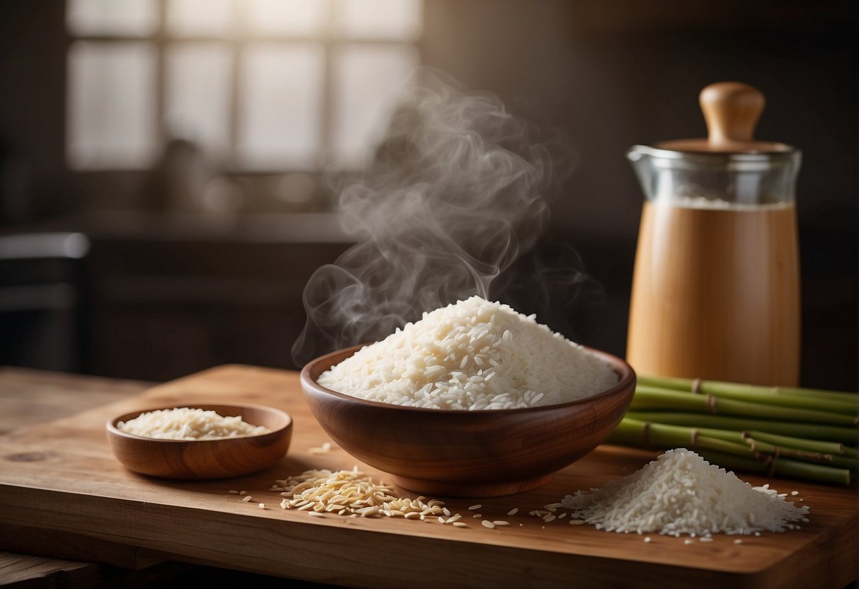 A bowl of rice flour sits next to a wooden rolling pin and a stack of bamboo steamers. A chef's knife and a cutting board are nearby