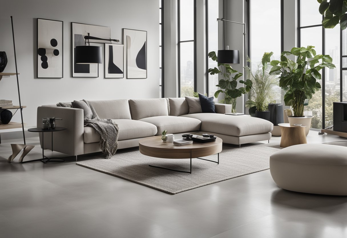 A sleek, minimalist living room with clean lines, neutral colors, and modern furniture. A statement piece of art hangs on the wall, adding a pop of color and personality to the space