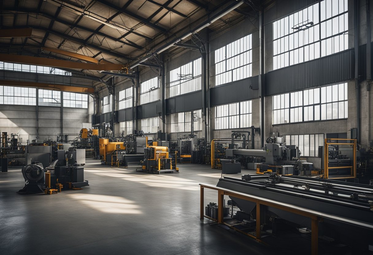 Machinery fills the spacious factory floor, with metal beams and concrete walls. Large windows let in natural light, illuminating the industrial aesthetic