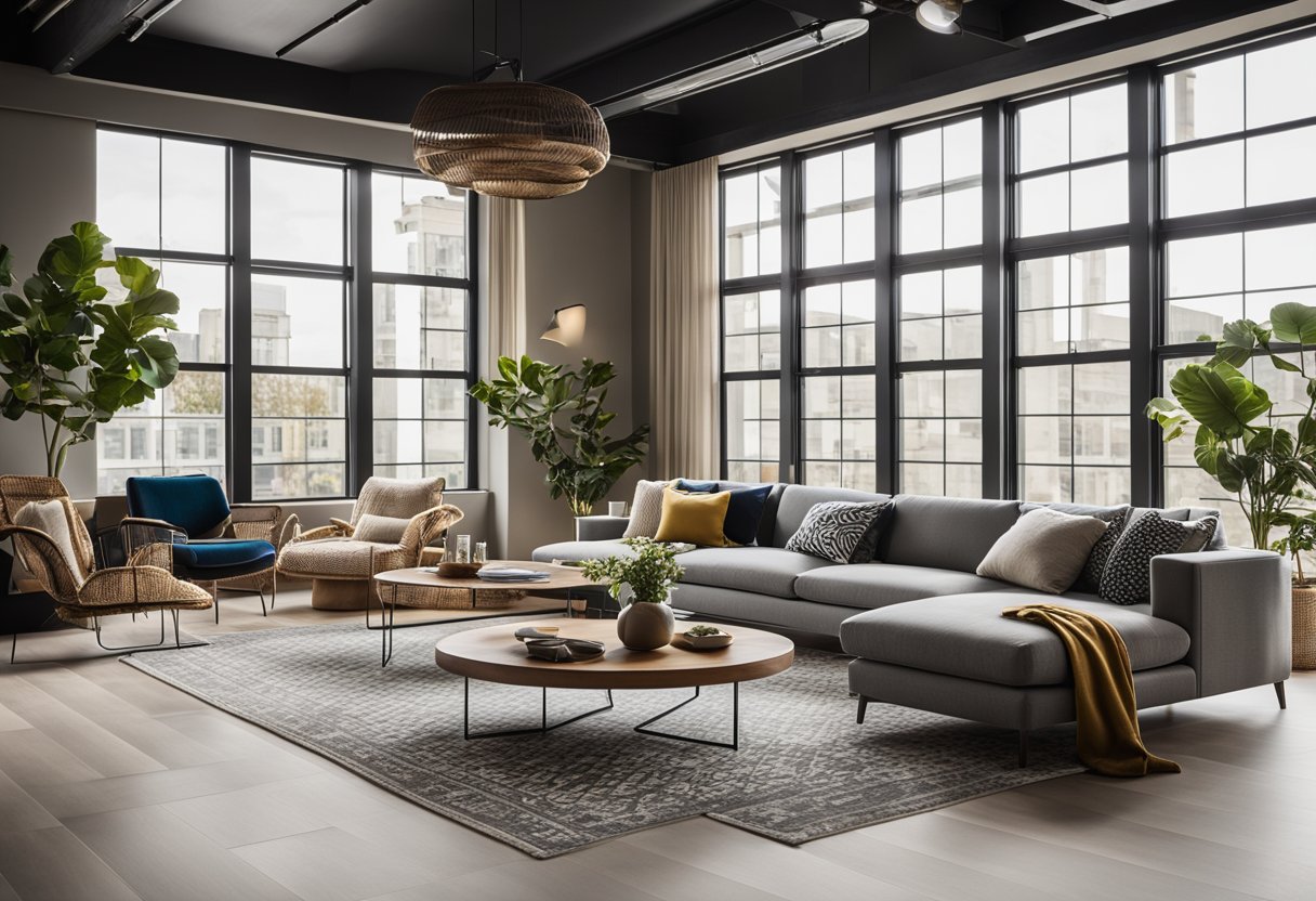 A modern, open-concept living space with sleek furniture, bold patterns, and a mix of cultural influences. The room features large windows, natural materials, and a minimalist color palette